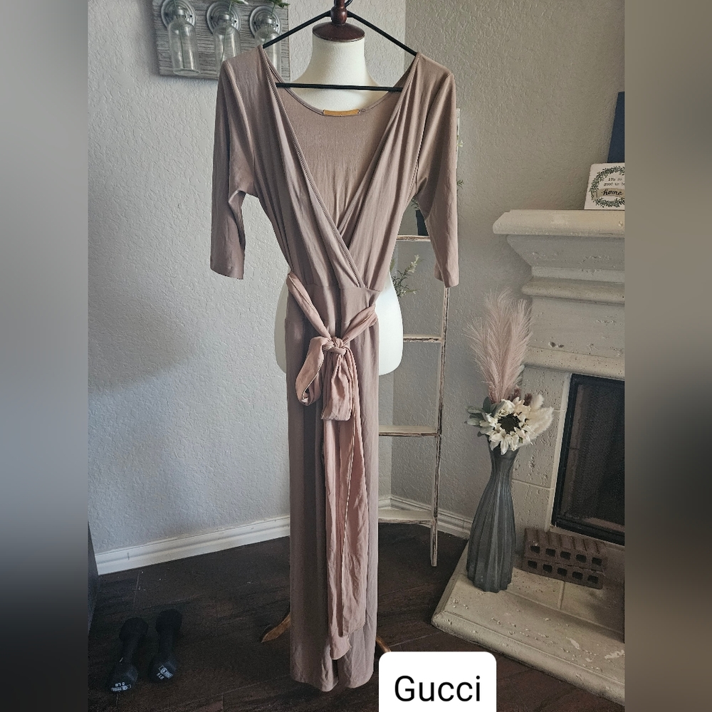 GUCCI Tan 3/4 Sleeve Wide Leg Belted Tie Jumpsuit (size unknown) No Tag
